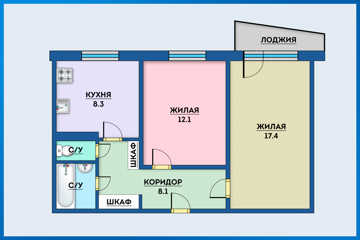 Двухкомнатная квартира с отличной планировкой, на Адоратского! ул.  Адоратского дом 36-56065