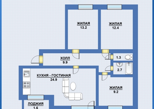 Две спальни с окнами на тихий двор, раздельный санузел, просторные и вместительные лоджии.